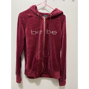 Vintage Y2K Bebe Rhinestone Zip Up Burgundy Hoodie Jacket Size XL